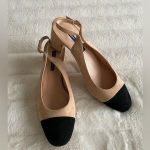 Stuart Weitzman Sleek Slingback Suede Flareblock Pumps. Made in Spain.